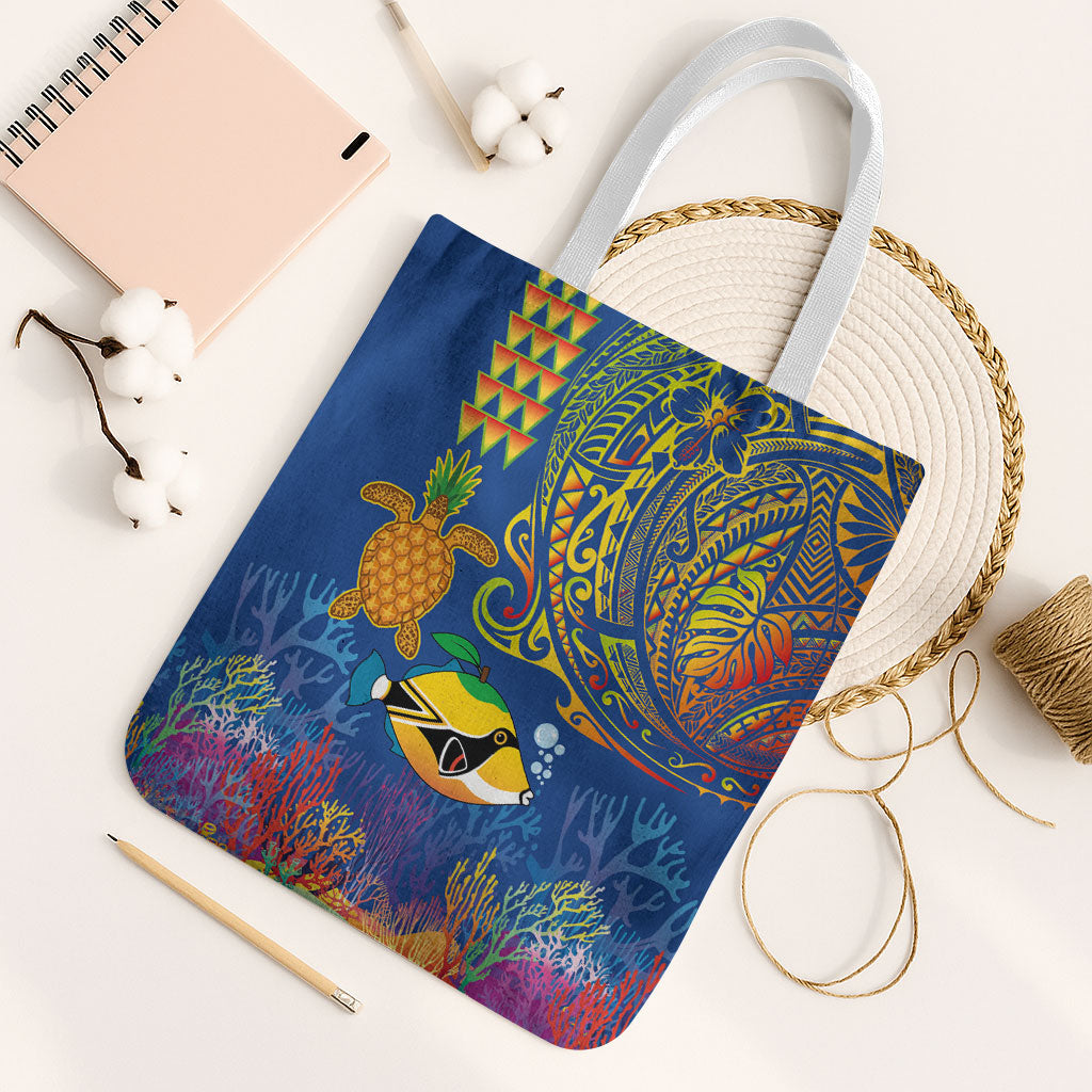 Hawaii Ocean Tote Bag Pineapple Turtle and Mango Reef Triggerfish and Kakau Tattoo LT03 White Strap One Size Multicolor - Polynesian Pride