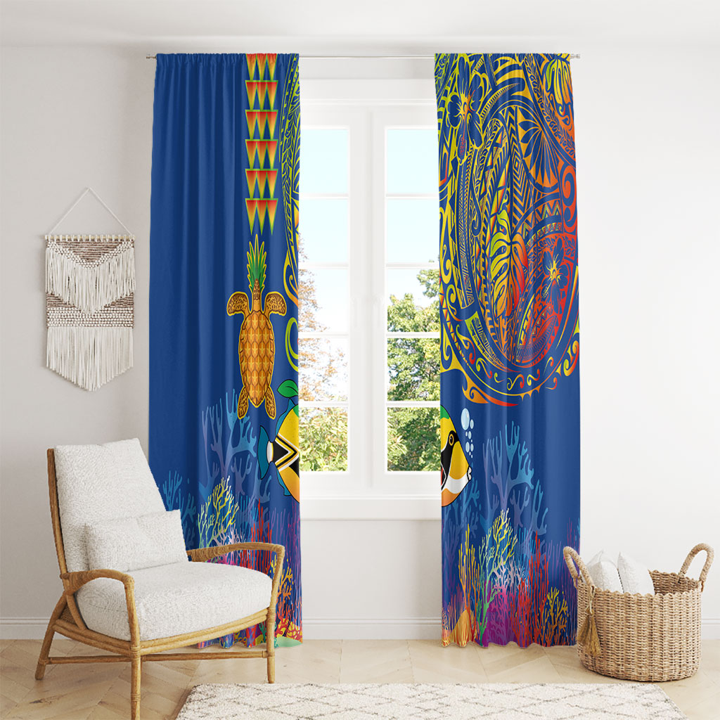 Hawaii Ocean Window Curtain Pineapple Turtle and Mango Reef Triggerfish and Kakau Tattoo LT03 - Polynesian Pride