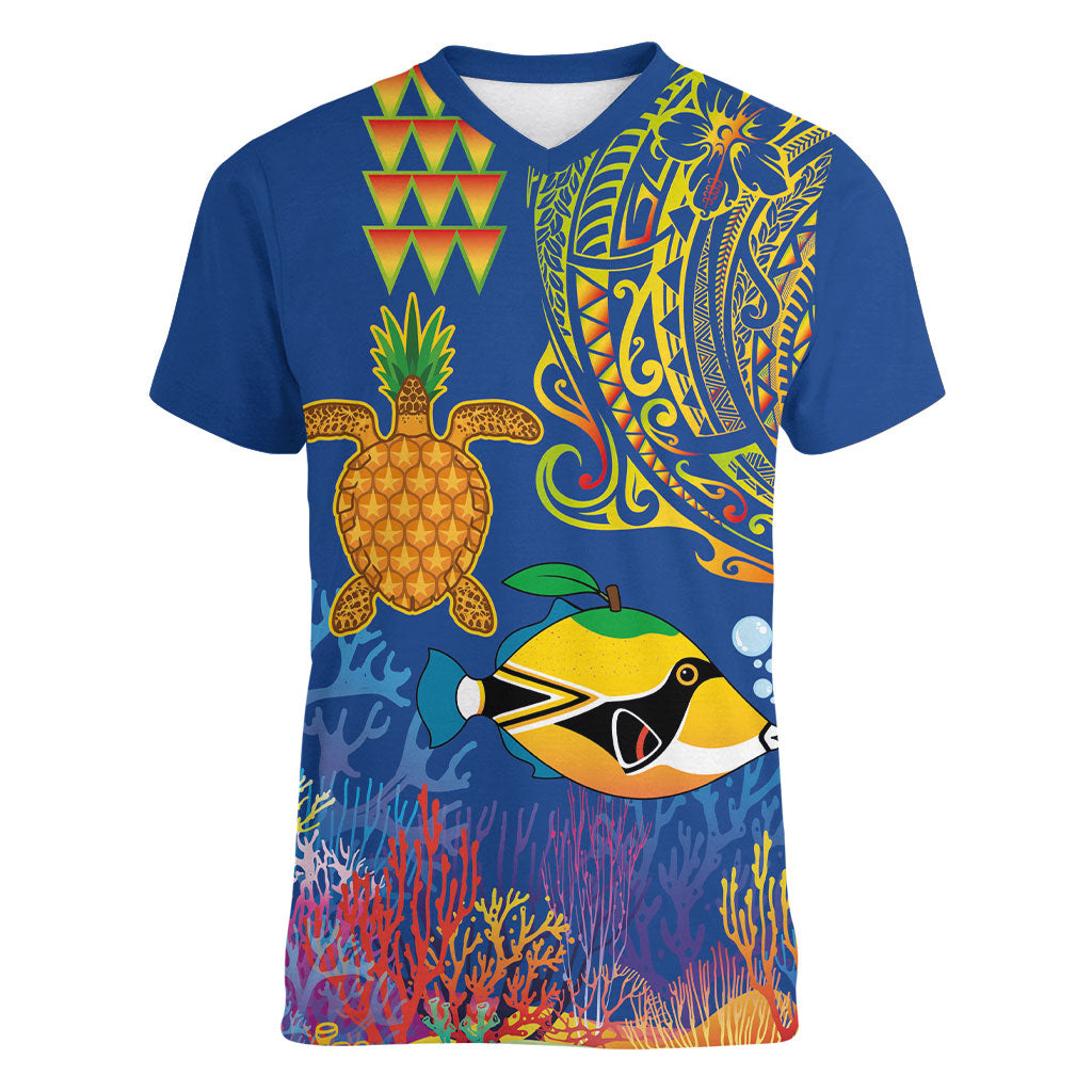 Hawaii Ocean Women V-Neck T-Shirt Pineapple Turtle and Mango Reef Triggerfish and Kakau Tattoo