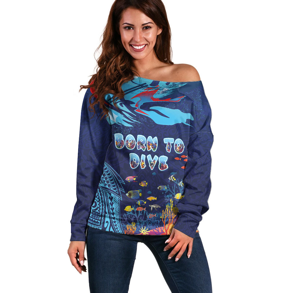 Personalized Hawaii Diving Off Shoulder Sweater Tribal Pattern with Ocean Floor LT03 Women Multicolor - Polynesian Pride