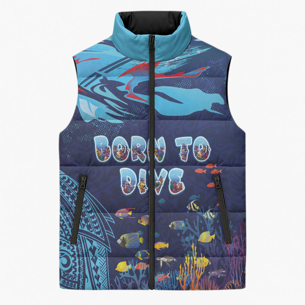 Personalized Hawaii Diving Sleeveless Puffer Jacket Tribal Pattern with Ocean Floor LT03 Unisex Multicolor - Polynesian Pride