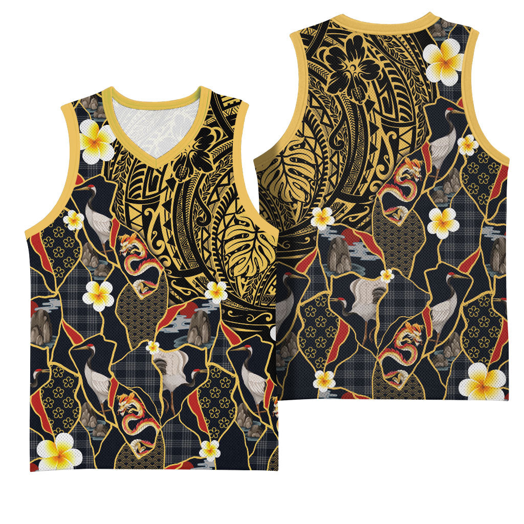Hawaiian and Japanese Basketball Jersey Polynesian Tattoo with Japanese Culture Kintsugi Style LT03 - Polynesian Pride