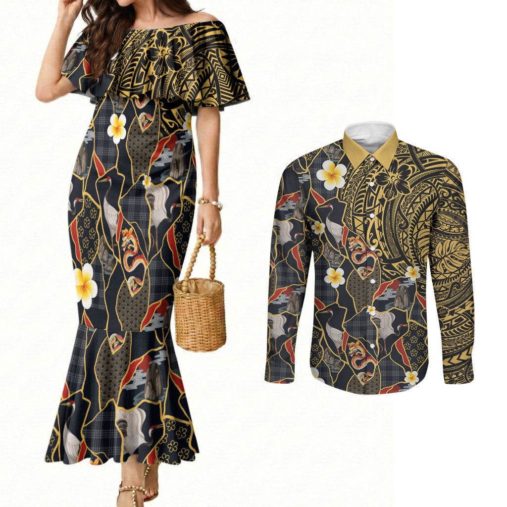 Hawaiian and Japanese Couples Matching Mermaid Dress and Long Sleeve Button Shirt Polynesian Tattoo with Japanese Culture Kintsugi Style LT03 Multicolor - Polynesian Pride