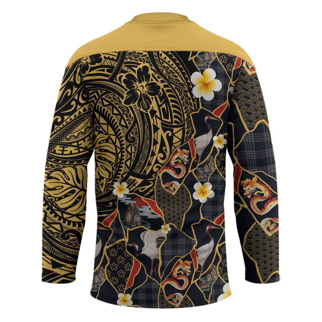Hawaiian and Japanese Hockey Jersey Polynesian Tattoo with Japanese Culture Kintsugi Style LT03 - Polynesian Pride