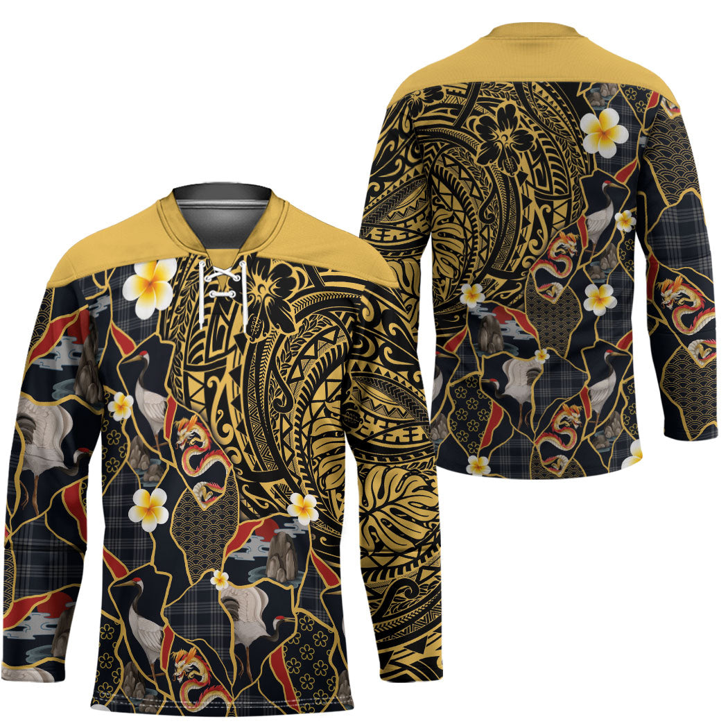 Hawaiian and Japanese Hockey Jersey Polynesian Tattoo with Japanese Culture Kintsugi Style LT03 - Polynesian Pride