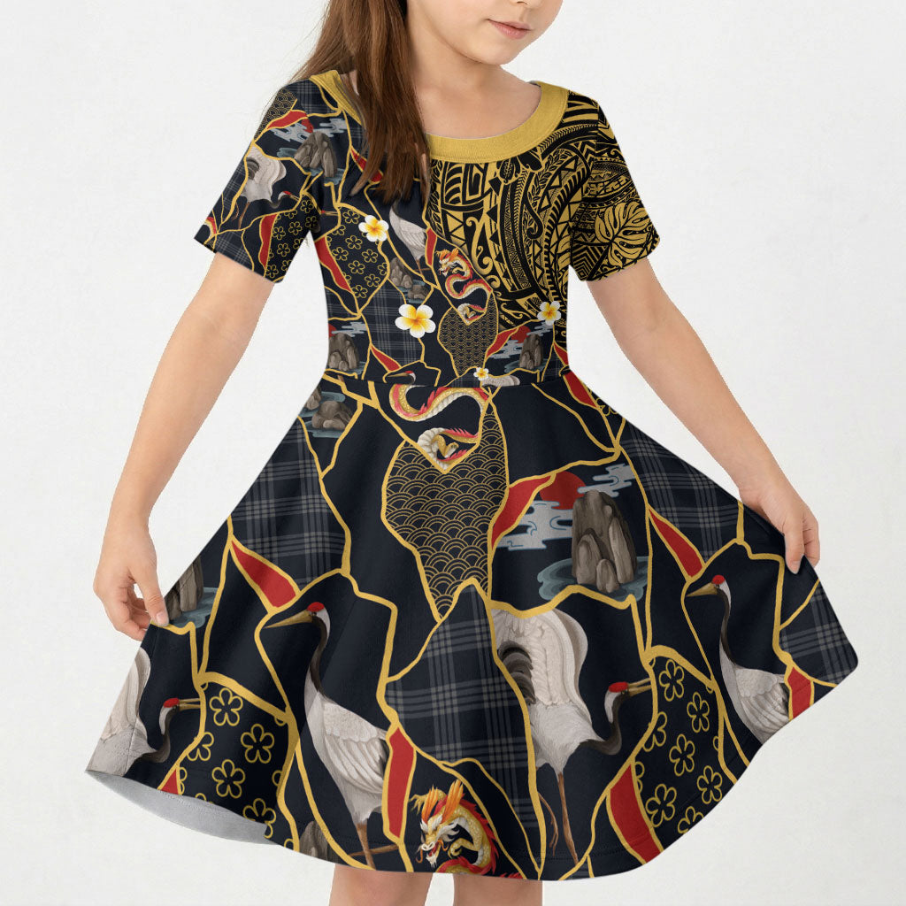 Hawaiian and Japanese Kid Short Sleeve Dress Polynesian Tattoo with Japanese Culture Kintsugi Style
