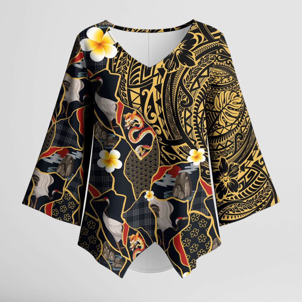 Hawaiian and Japanese Kimono Sleeve Blouse Polynesian Tattoo with Japanese Culture Kintsugi Style