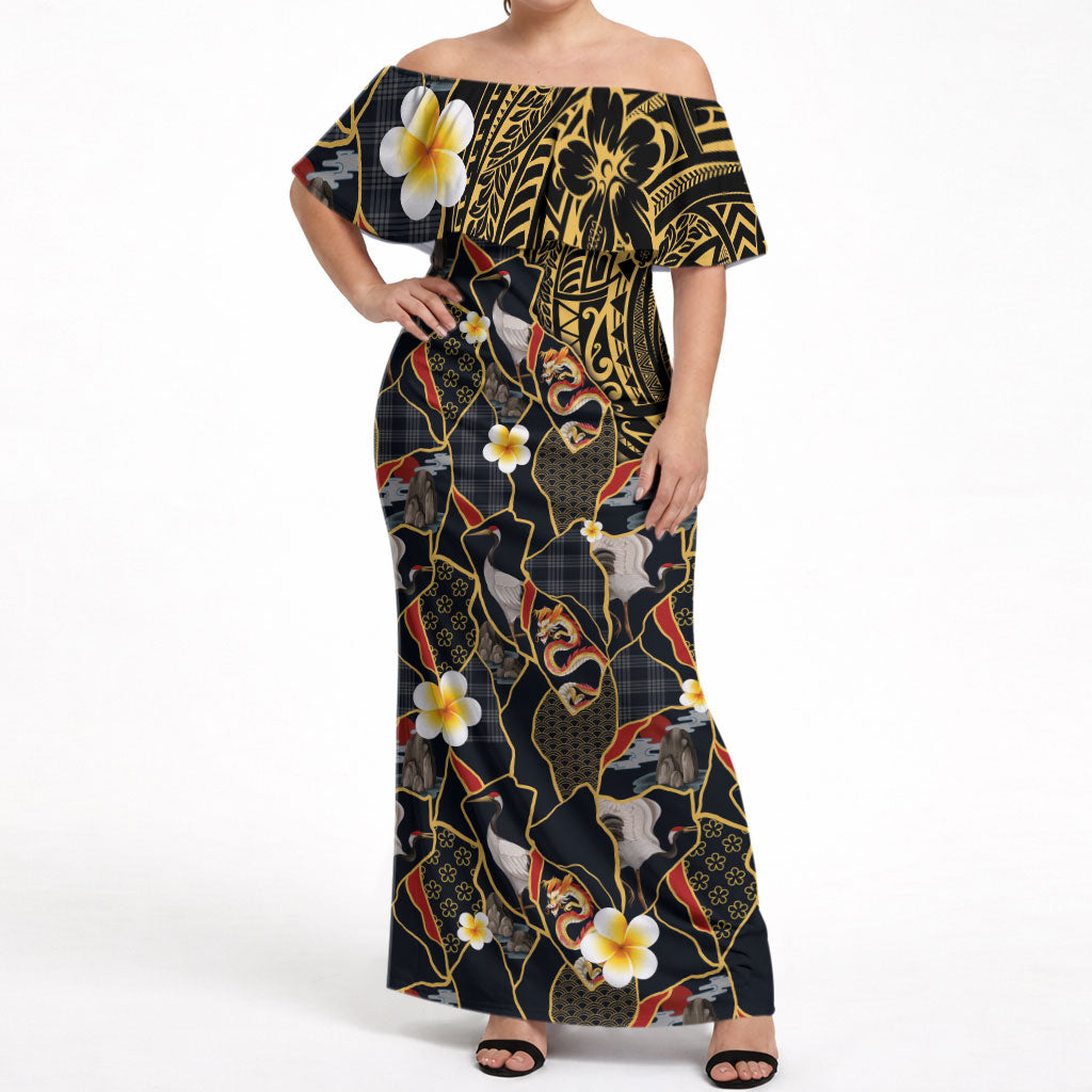 Hawaiian and Japanese Off Shoulder Maxi Dress Polynesian Tattoo with Japanese Culture Kintsugi Style