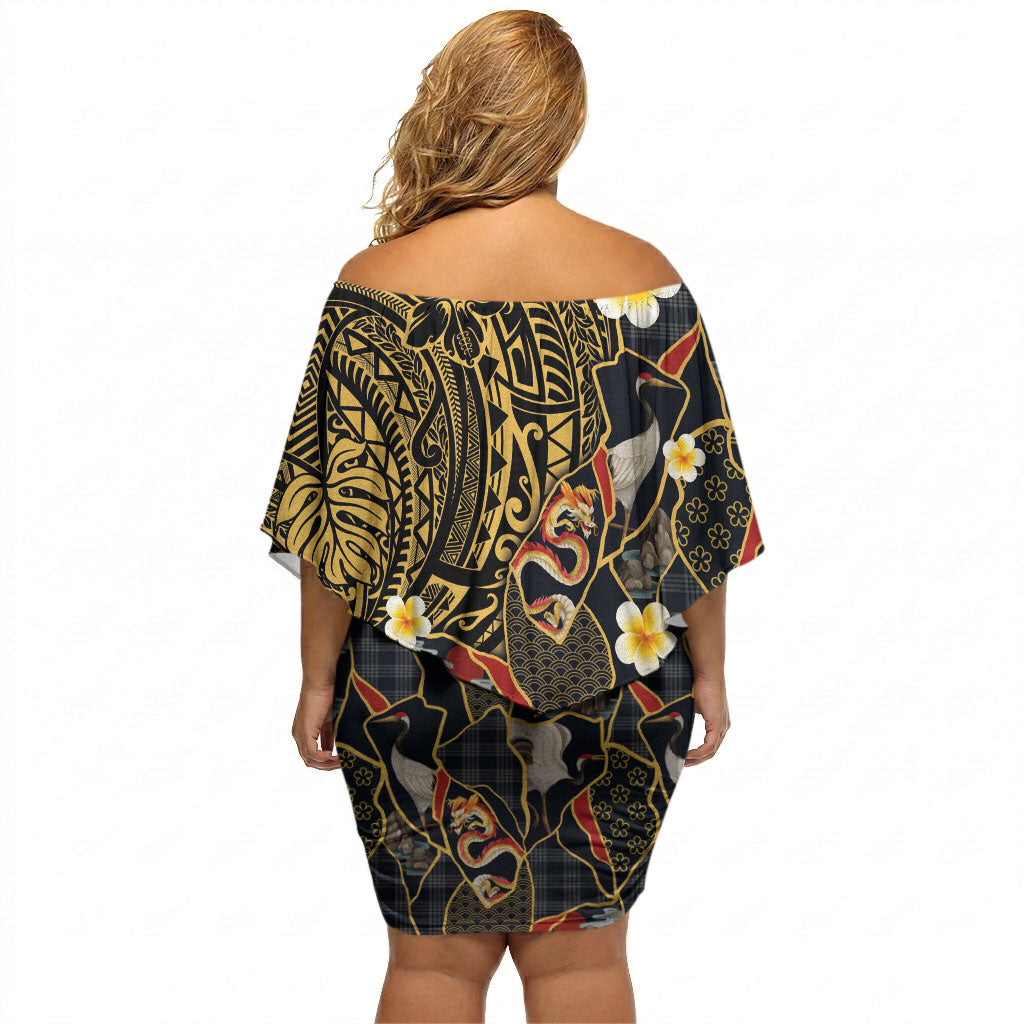 Hawaiian and Japanese Off Shoulder Short Dress Polynesian Tattoo with Japanese Culture Kintsugi Style LT03 - Polynesian Pride