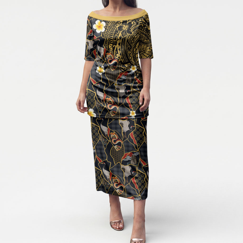 Hawaiian and Japanese Puletasi Polynesian Tattoo with Japanese Culture Kintsugi Style LT03 Long Dress Multicolor - Polynesian Pride