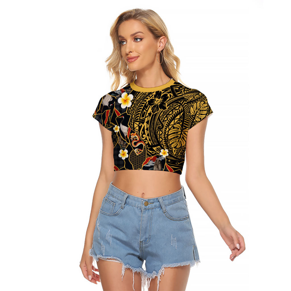 Hawaiian and Japanese Raglan Cropped T Shirt Polynesian Tattoo with Japanese Culture Kintsugi Style