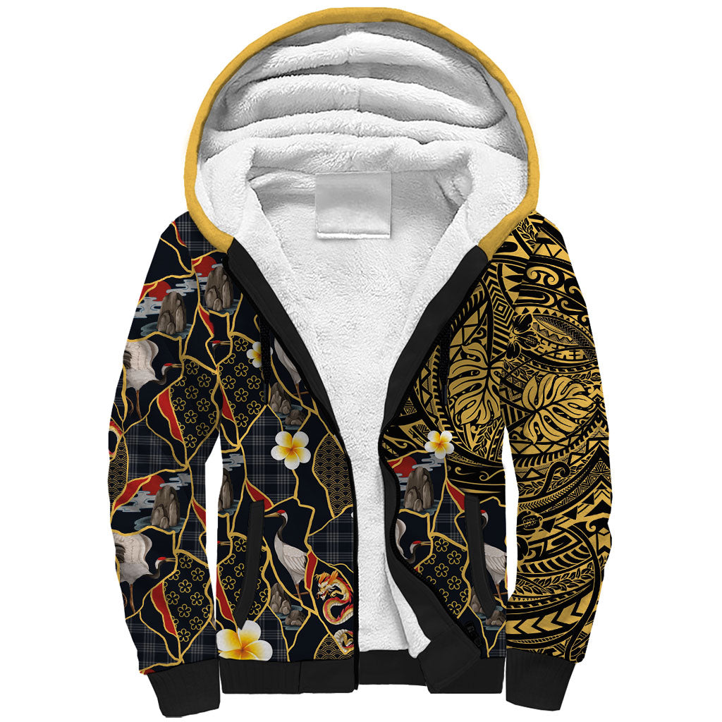 Hawaiian and Japanese Sherpa Hoodie Polynesian Tattoo with Japanese Culture Kintsugi Style