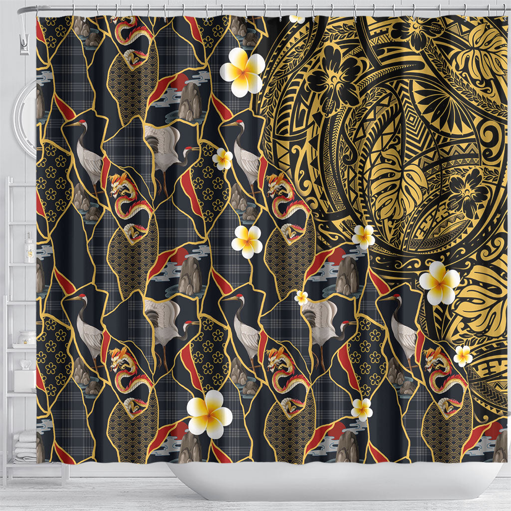 Hawaiian and Japanese Shower Curtain Polynesian Tattoo with Japanese Culture Kintsugi Style LT03 - Polynesian Pride