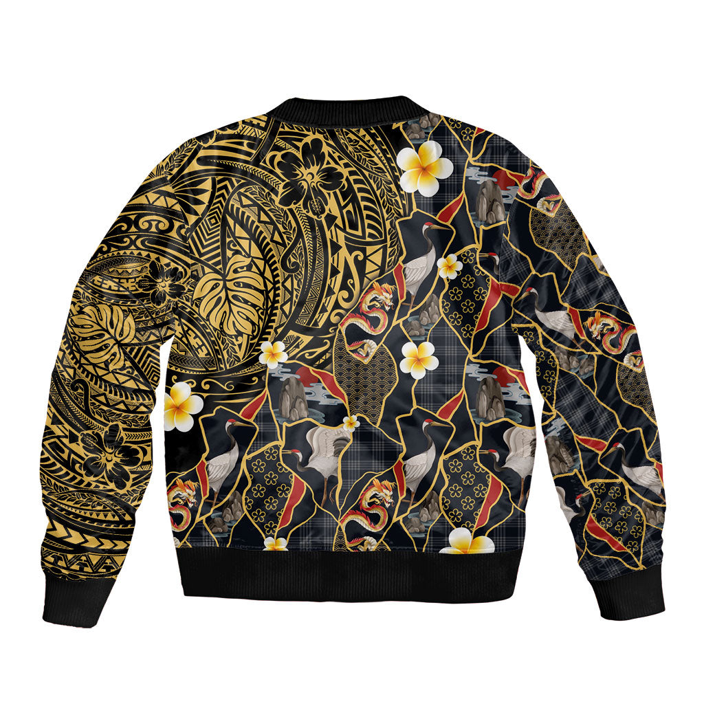 Hawaiian and Japanese Sleeve Zip Bomber Jacket Polynesian Tattoo with Japanese Culture Kintsugi Style LT03 - Polynesian Pride