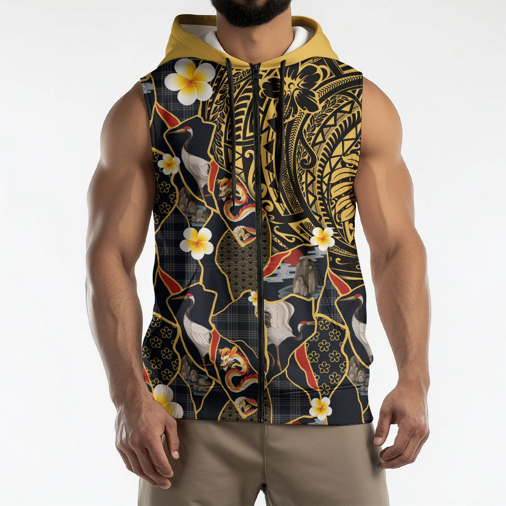 Hawaiian and Japanese Sleeveless Zip Hoodie Polynesian Tattoo with Japanese Culture Kintsugi Style LT03 - Polynesian Pride