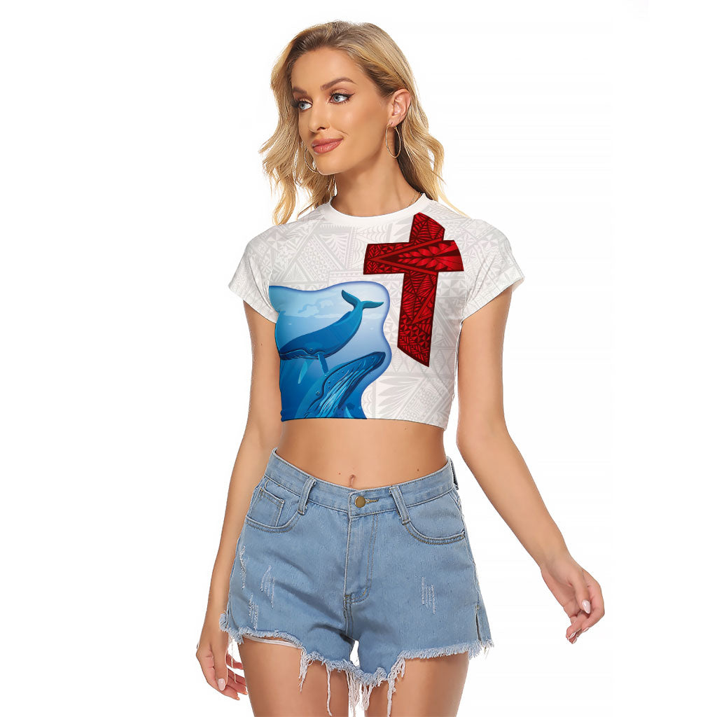 Tonga Swimming with Whales Raglan Cropped T Shirt Ngatu Pattern