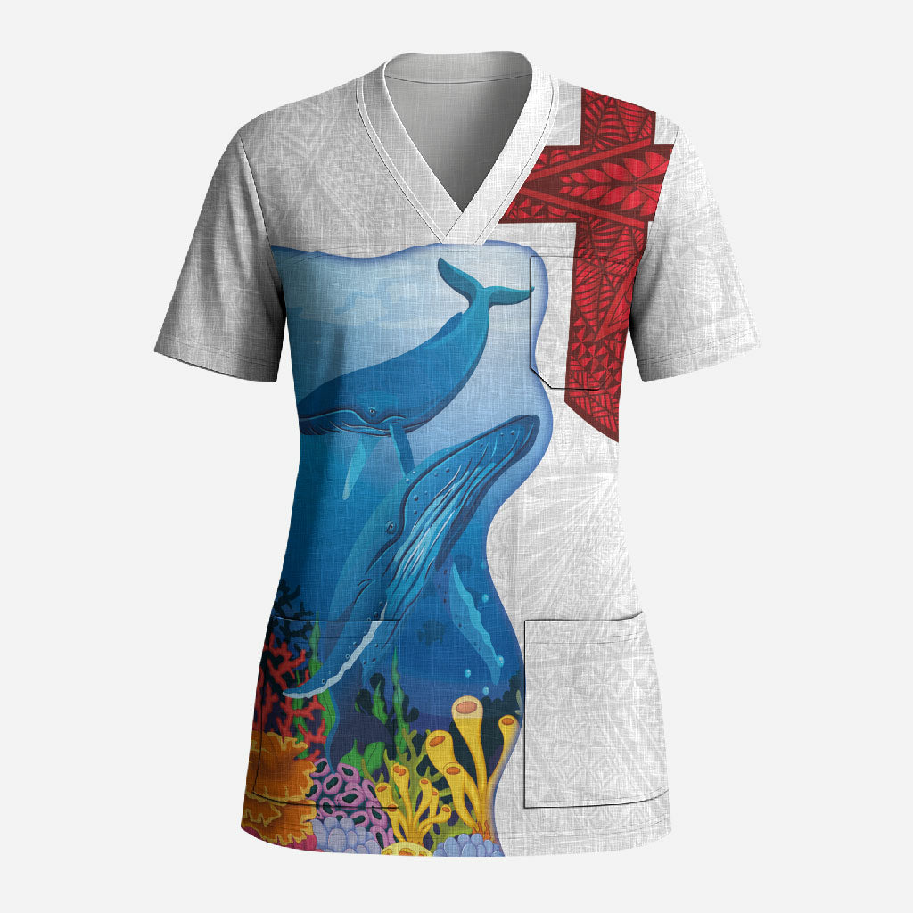 Tonga Swimming with Whales Scrub Top Ngatu Pattern LT03 Adult Multicolor - Polynesian Pride