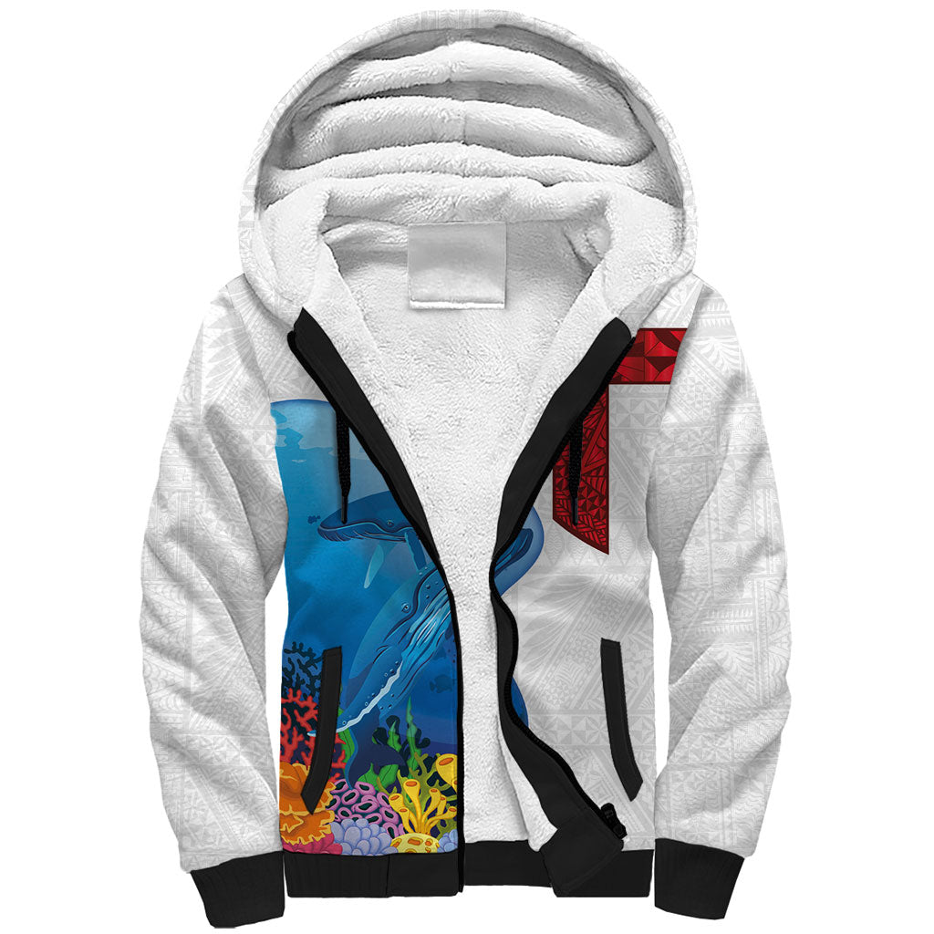Tonga Swimming with Whales Sherpa Hoodie Ngatu Pattern