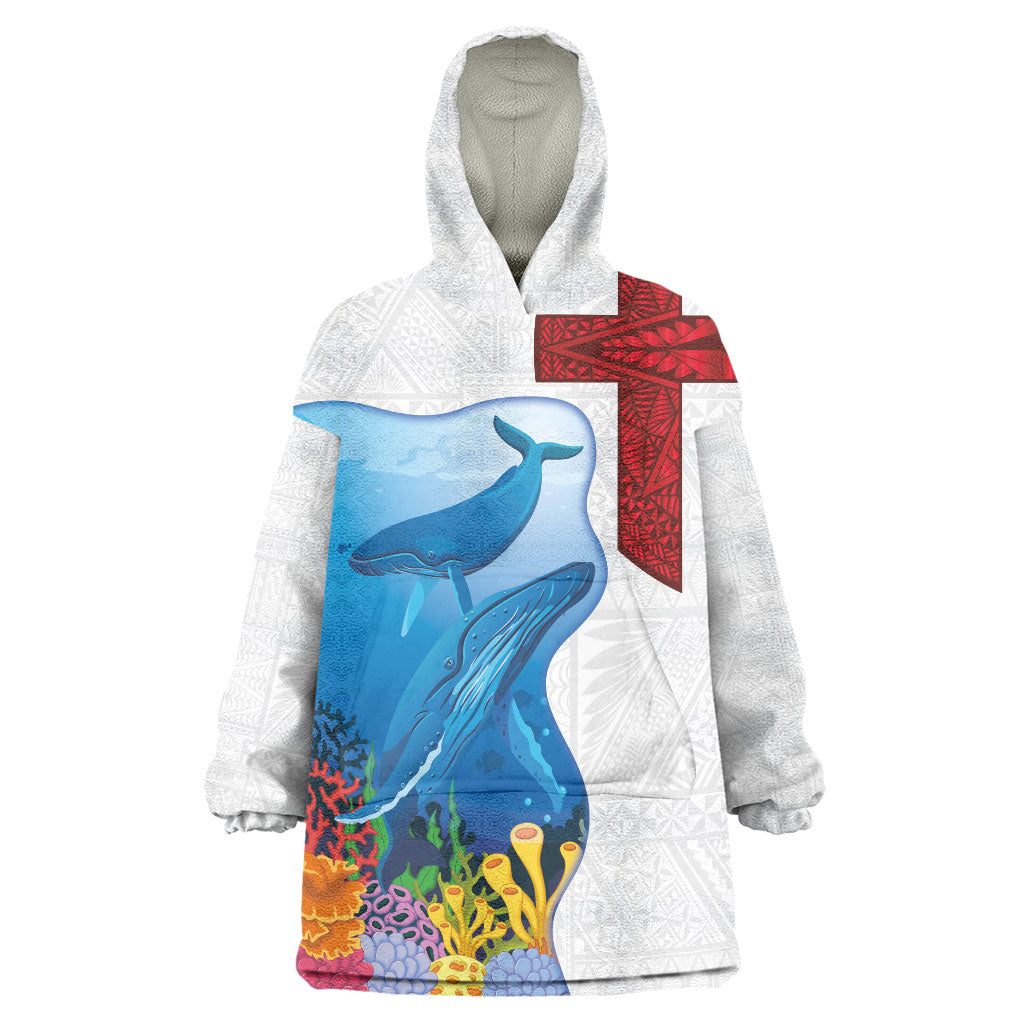 Tonga Swimming with Whales Wearable Blanket Hoodie Ngatu Pattern