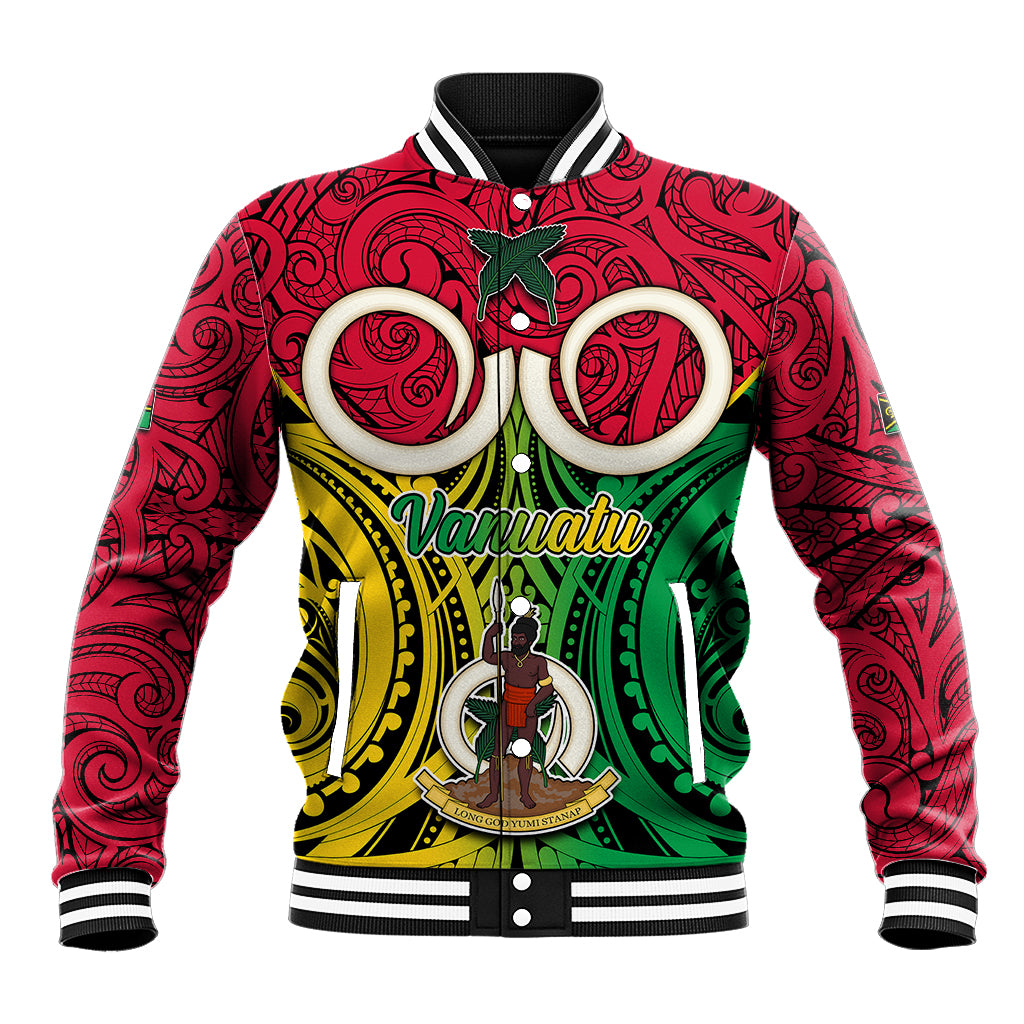 Vanuatu Baseball Jacket Pig Tusk Mix Maori Pattern and Namele Leaf LT03 Unisex Red - Polynesian Pride