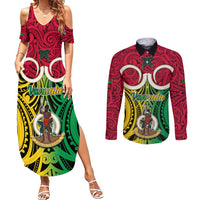 Vanuatu Couples Matching Summer Maxi Dress and Long Sleeve Button Shirts Pig Tusk Mix Maori Pattern and Namele Leaf LT03 Red - Polynesian Pride