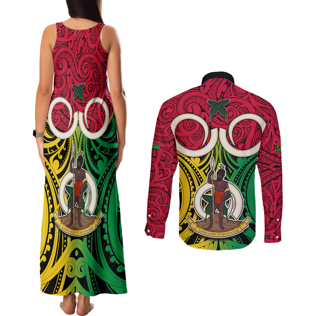 Vanuatu Couples Matching Tank Maxi Dress and Long Sleeve Button Shirts Pig Tusk Mix Maori Pattern and Namele Leaf LT03 - Polynesian Pride