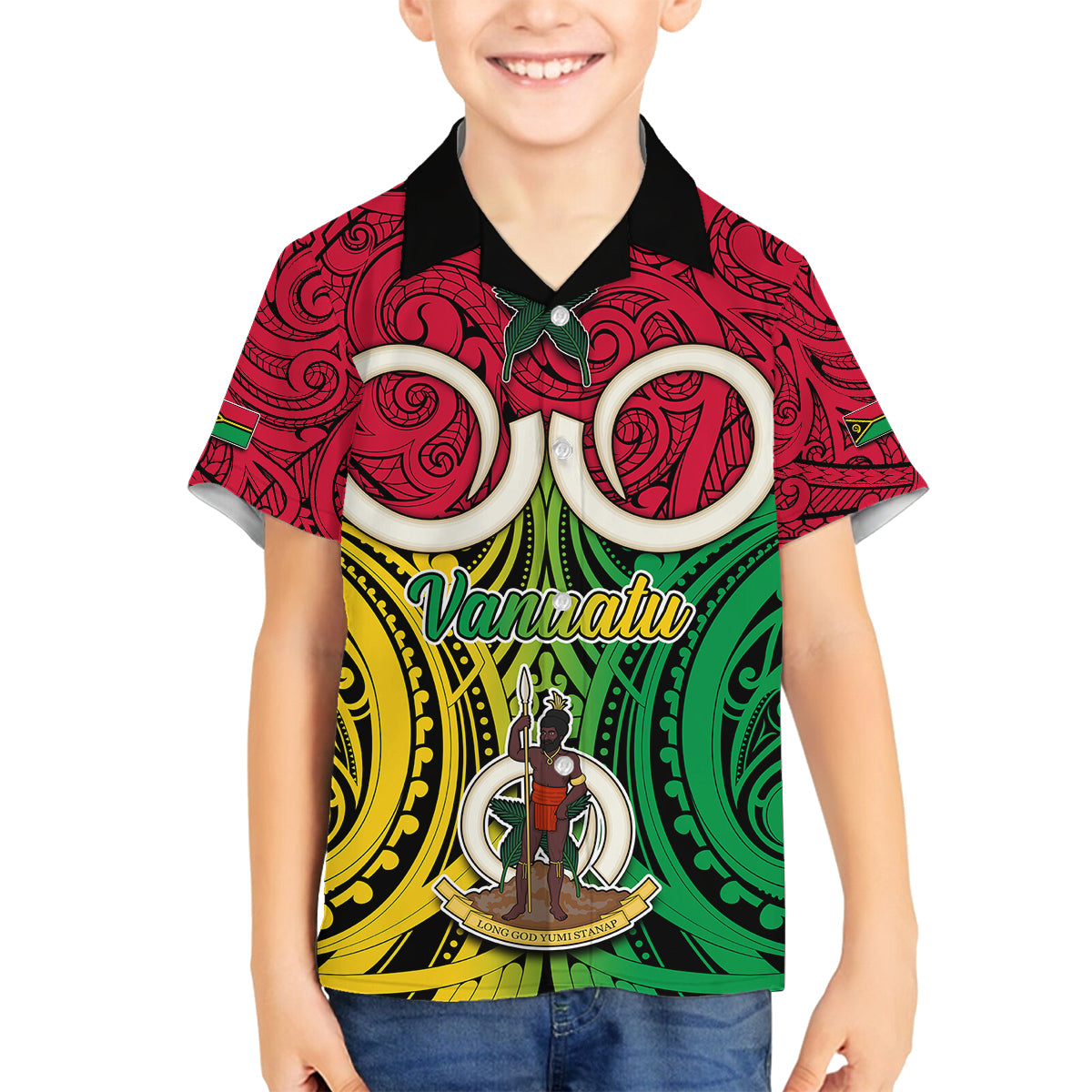 Vanuatu Family Matching Summer Maxi Dress and Hawaiian Shirt Pig Tusk Mix Maori Pattern and Namele Leaf LT03 Son's Shirt Red - Polynesian Pride