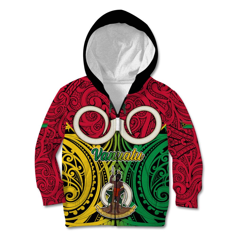 Vanuatu Kid Hoodie Pig Tusk Mix Maori Pattern and Namele Leaf LT03 Zip Hoodie Red - Polynesian Pride