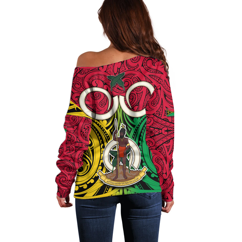Vanuatu Off Shoulder Sweater Pig Tusk Mix Maori Pattern and Namele Leaf LT03 - Polynesian Pride