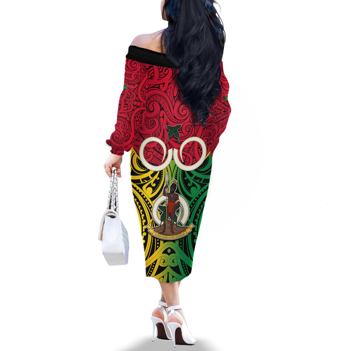 Vanuatu Off The Shoulder Long Sleeve Dress Pig Tusk Mix Maori Pattern and Namele Leaf LT03 - Polynesian Pride