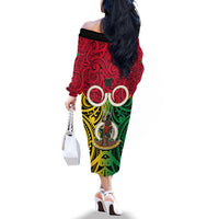 Vanuatu Off The Shoulder Long Sleeve Dress Pig Tusk Mix Maori Pattern and Namele Leaf LT03 - Polynesian Pride