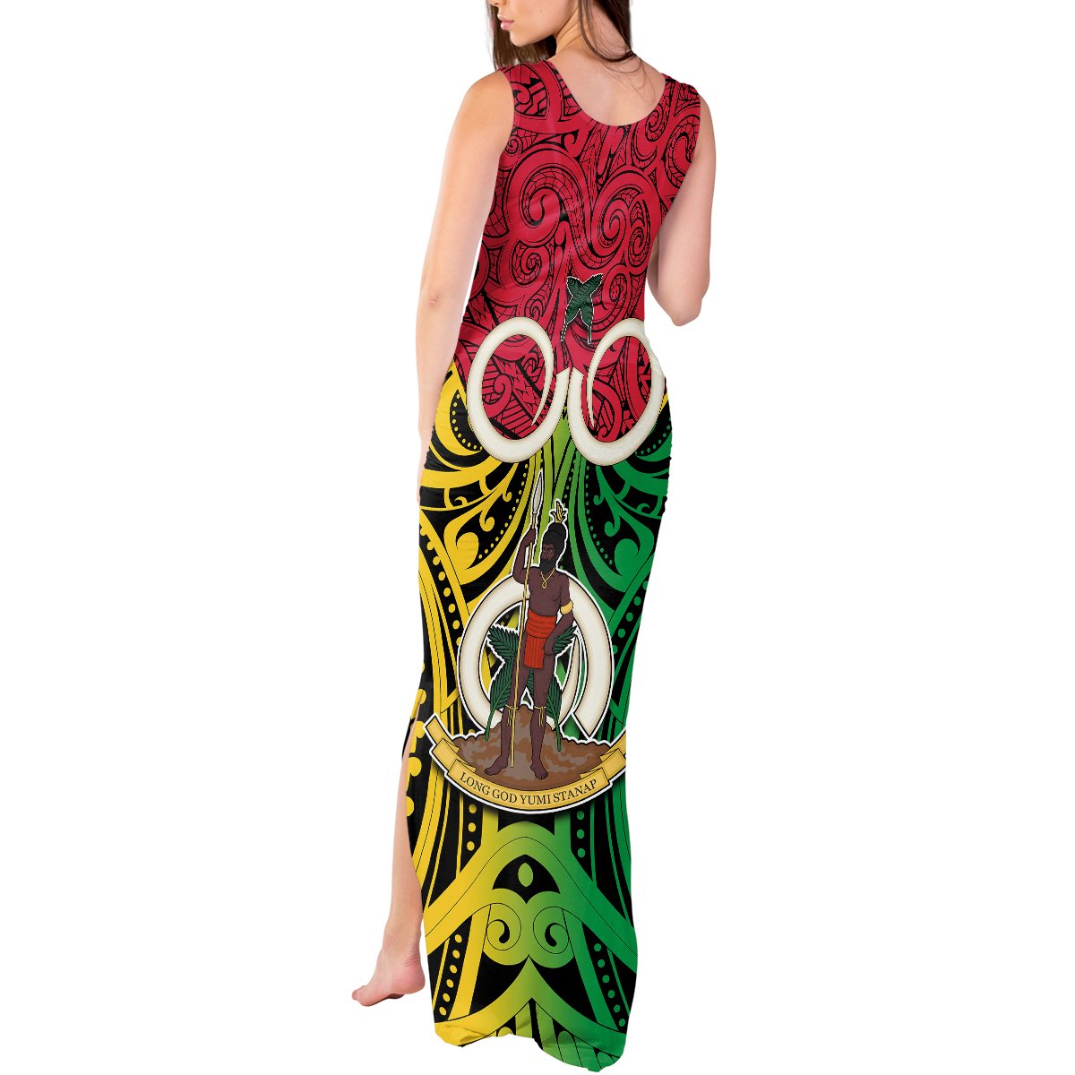 Vanuatu Tank Maxi Dress Pig Tusk Mix Maori Pattern and Namele Leaf LT03 - Polynesian Pride