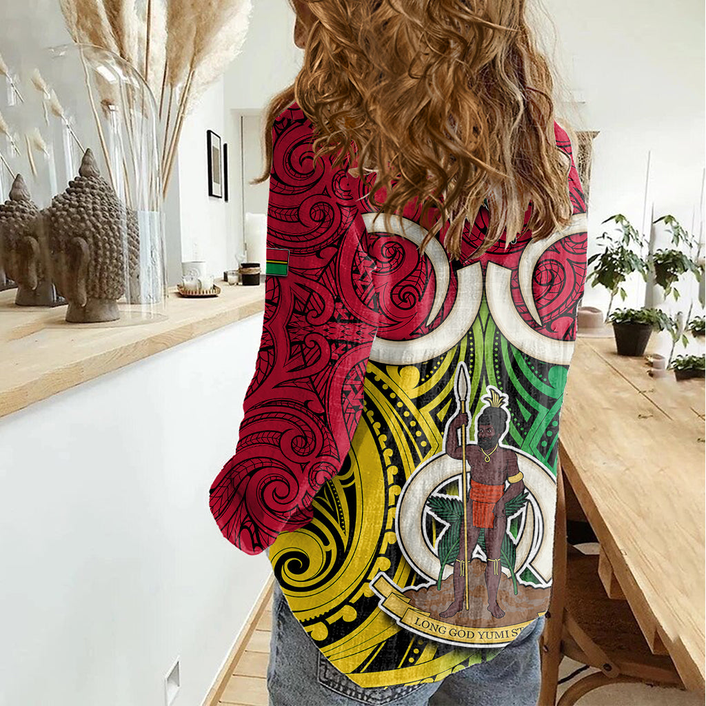 Vanuatu Women Casual Shirt Pig Tusk Mix Maori Pattern and Namele Leaf LT03 - Polynesian Pride