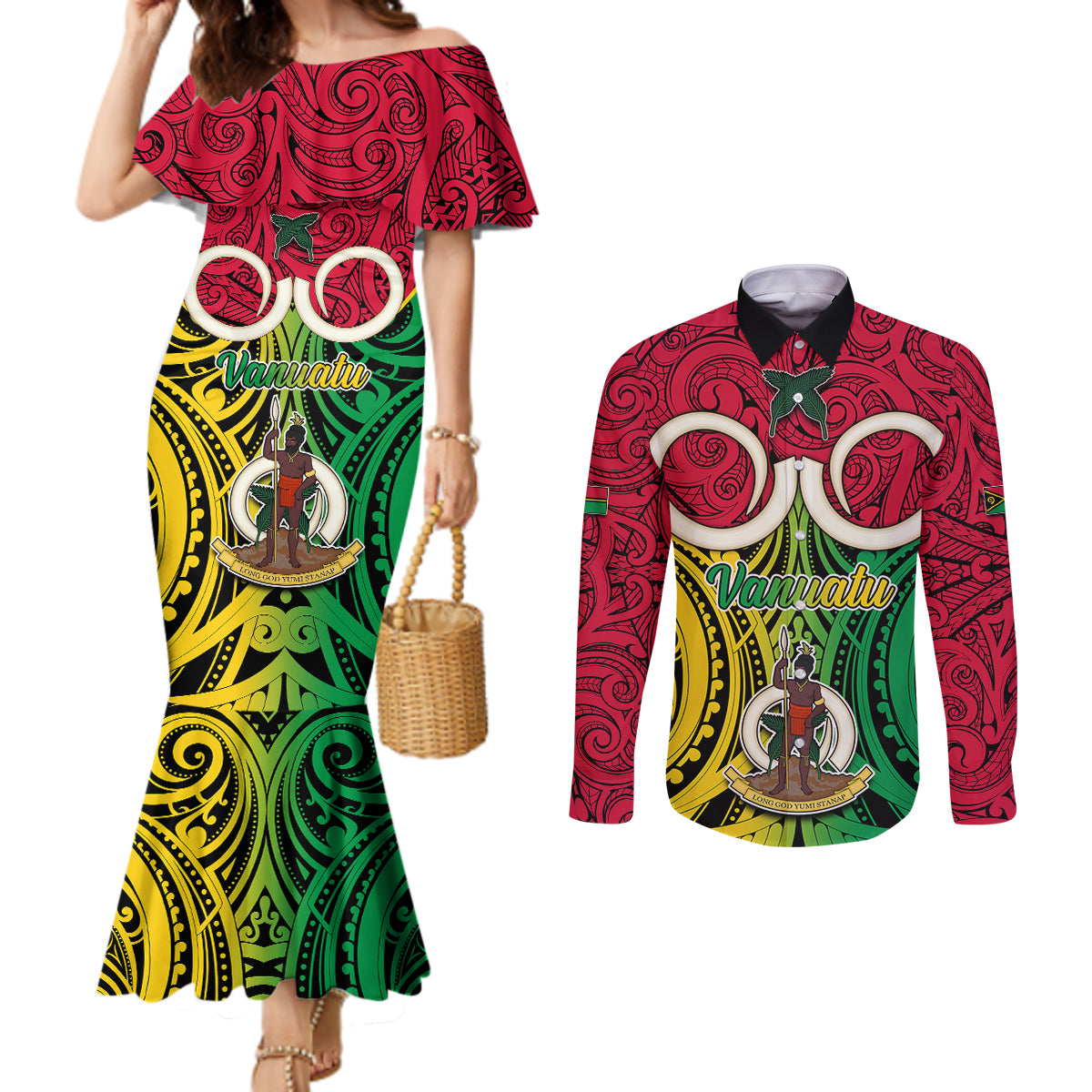 Personalised Vanuatu Couples Matching Mermaid Dress and Long Sleeve Button Shirts Pig Tusk Mix Maori Pattern and Namele Leaf LT03 Red - Polynesian Pride