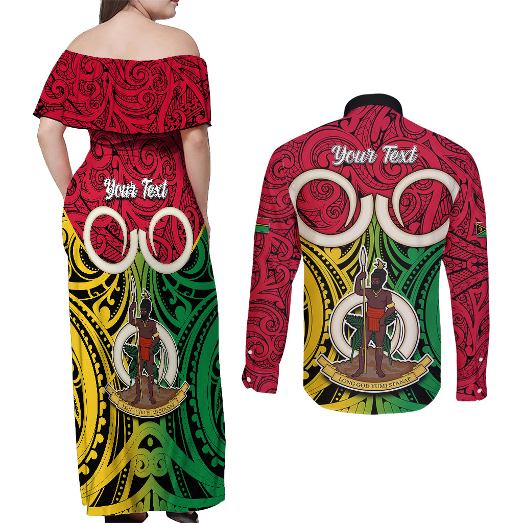 Personalised Vanuatu Couples Matching Off Shoulder Maxi Dress and Long Sleeve Button Shirts Pig Tusk Mix Maori Pattern and Namele Leaf LT03 - Polynesian Pride