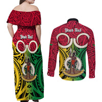 Personalised Vanuatu Couples Matching Off Shoulder Maxi Dress and Long Sleeve Button Shirts Pig Tusk Mix Maori Pattern and Namele Leaf LT03 - Polynesian Pride