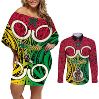 Personalised Vanuatu Couples Matching Off Shoulder Short Dress and Long Sleeve Button Shirts Pig Tusk Mix Maori Pattern and Namele Leaf LT03 Red - Polynesian Pride
