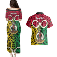 Personalised Vanuatu Couples Matching Puletasi Dress and Hawaiian Shirt Pig Tusk Mix Maori Pattern and Namele Leaf LT03 - Polynesian Pride