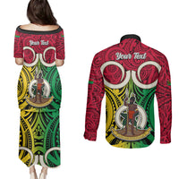 Personalised Vanuatu Couples Matching Puletasi Dress and Long Sleeve Button Shirts Pig Tusk Mix Maori Pattern and Namele Leaf LT03 - Polynesian Pride