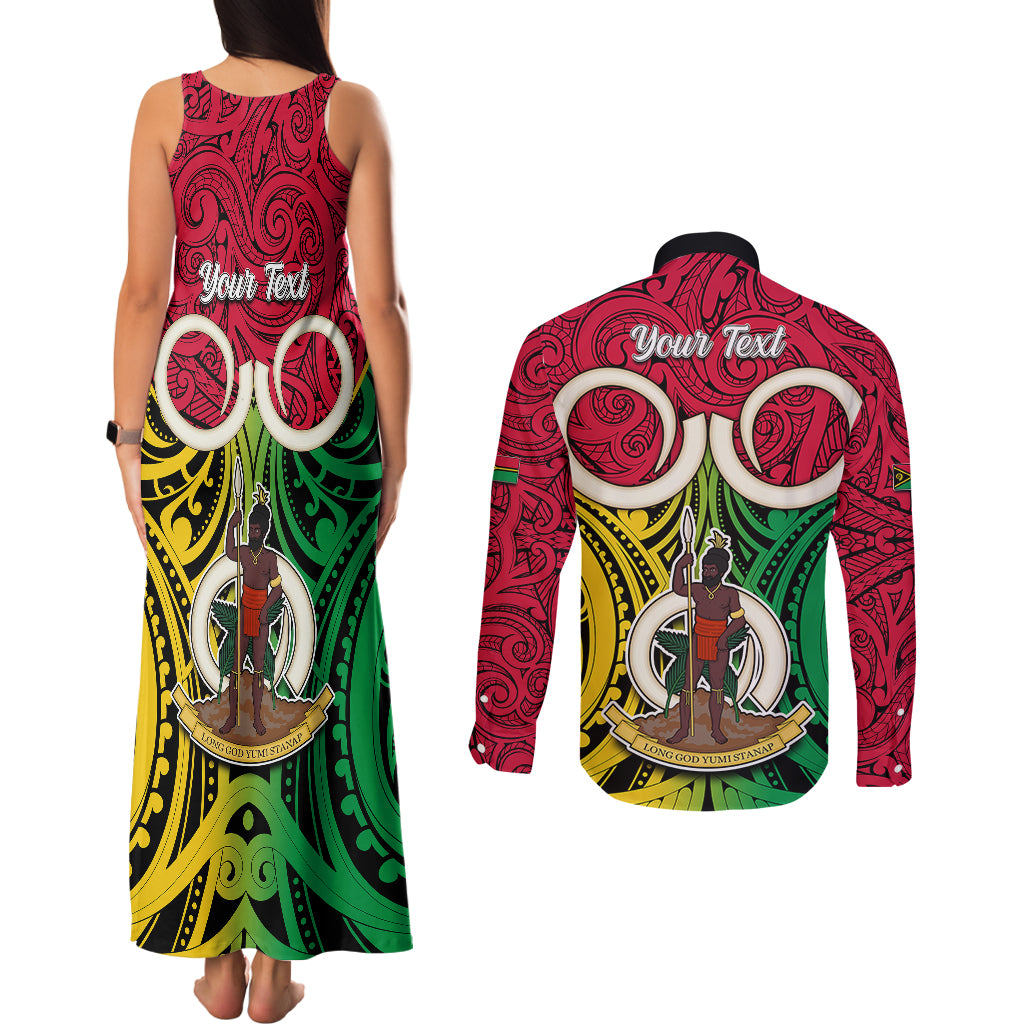 Personalised Vanuatu Couples Matching Tank Maxi Dress and Long Sleeve Button Shirts Pig Tusk Mix Maori Pattern and Namele Leaf LT03 - Polynesian Pride