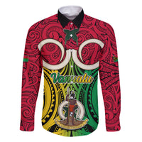 Personalised Vanuatu Family Matching Summer Maxi Dress and Hawaiian Shirt Pig Tusk Mix Maori Pattern and Namele Leaf LT03 Dad's Shirt - Long Sleeve Red - Polynesian Pride