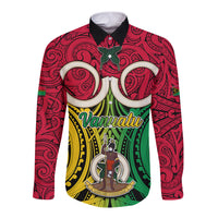 Personalised Vanuatu Long Sleeve Button Shirt Pig Tusk Mix Maori Pattern and Namele Leaf LT03 Unisex Red - Polynesian Pride