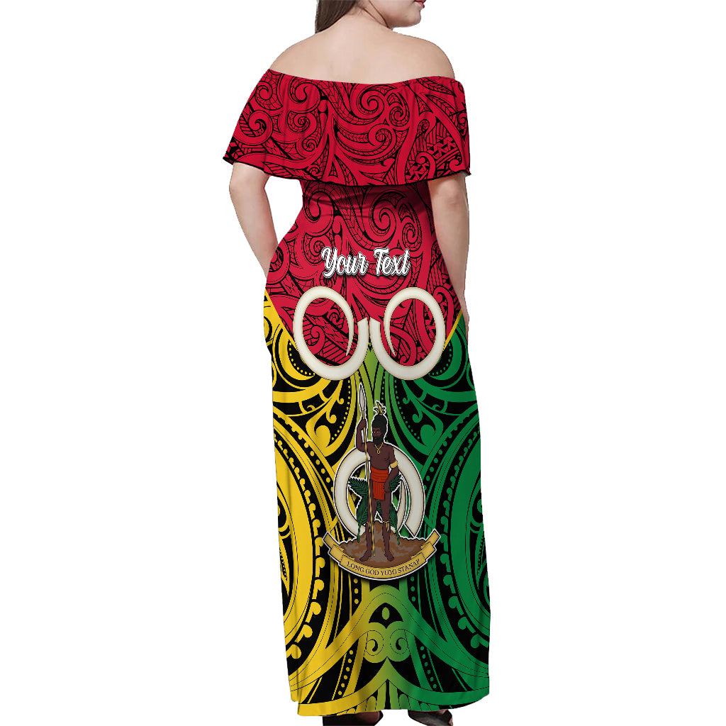 Personalised Vanuatu Off Shoulder Maxi Dress Pig Tusk Mix Maori Pattern and Namele Leaf LT03 - Polynesian Pride