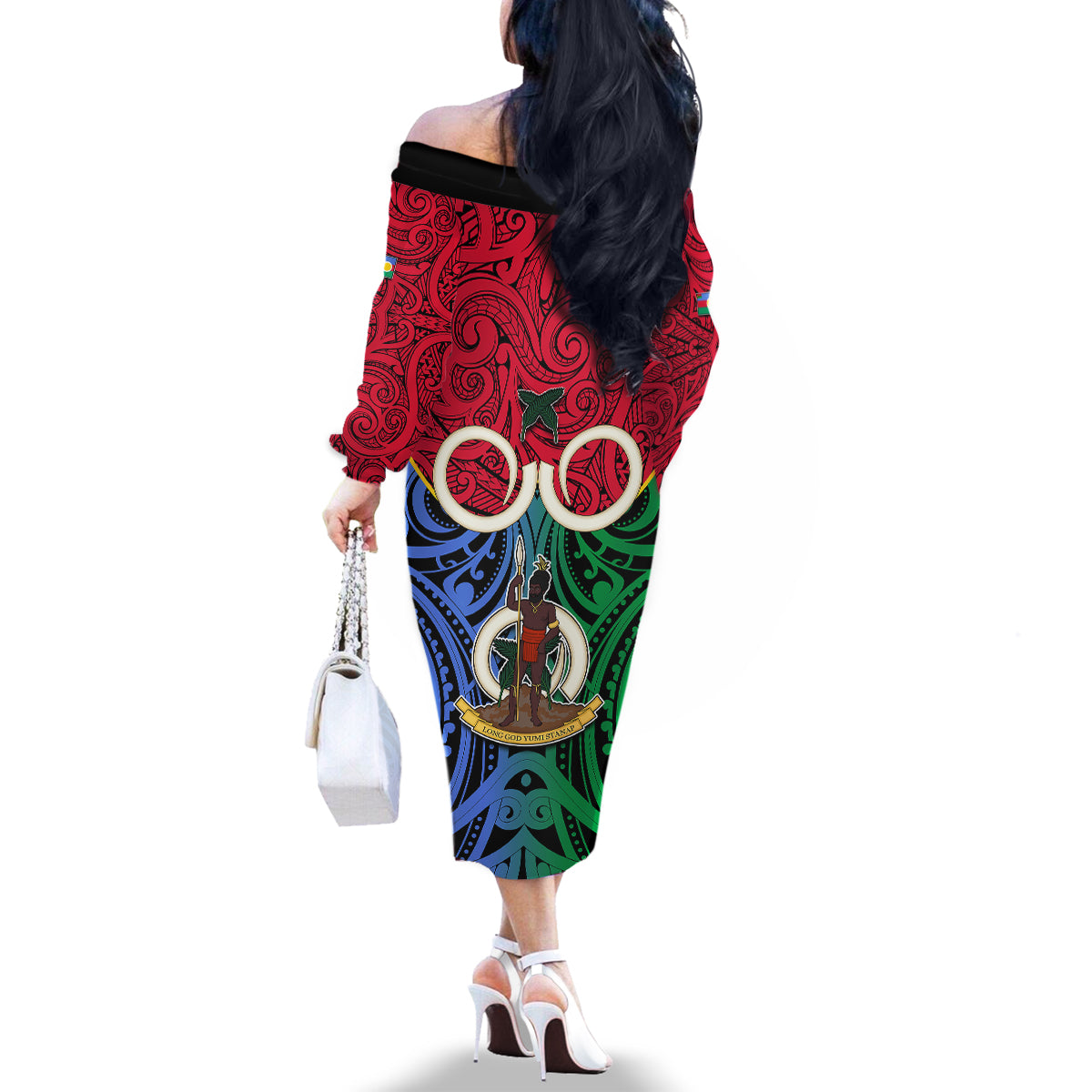 Vanuatu Shefa Province Family Matching Off Shoulder Long Sleeve Dress and Hawaiian Shirt Pig Tusk Mix Maori Pattern and Namele Leaf LT03 - Polynesian Pride