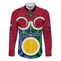 Vanuatu Shefa Province Family Matching Off Shoulder Short Dress and Hawaiian Shirt Pig Tusk Mix Maori Pattern and Namele Leaf LT03 Dad's Shirt - Long Sleeve Red - Polynesian Pride