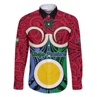 Personalised Vanuatu Shefa Province Family Matching Long Sleeve Bodycon Dress and Hawaiian Shirt Pig Tusk Mix Maori Pattern and Namele Leaf LT03 Dad's Shirt - Long Sleeve Red - Polynesian Pride