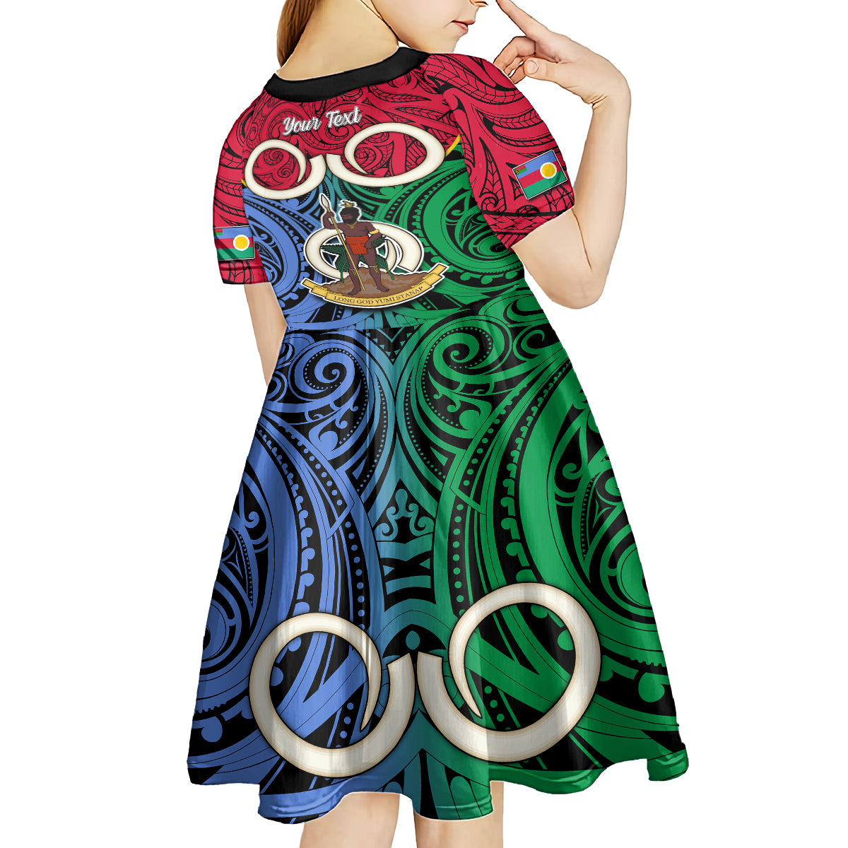 Personalised Vanuatu Shefa Province Kid Short Sleeve Dress Pig Tusk Mix Maori Pattern and Namele Leaf LT03 - Polynesian Pride