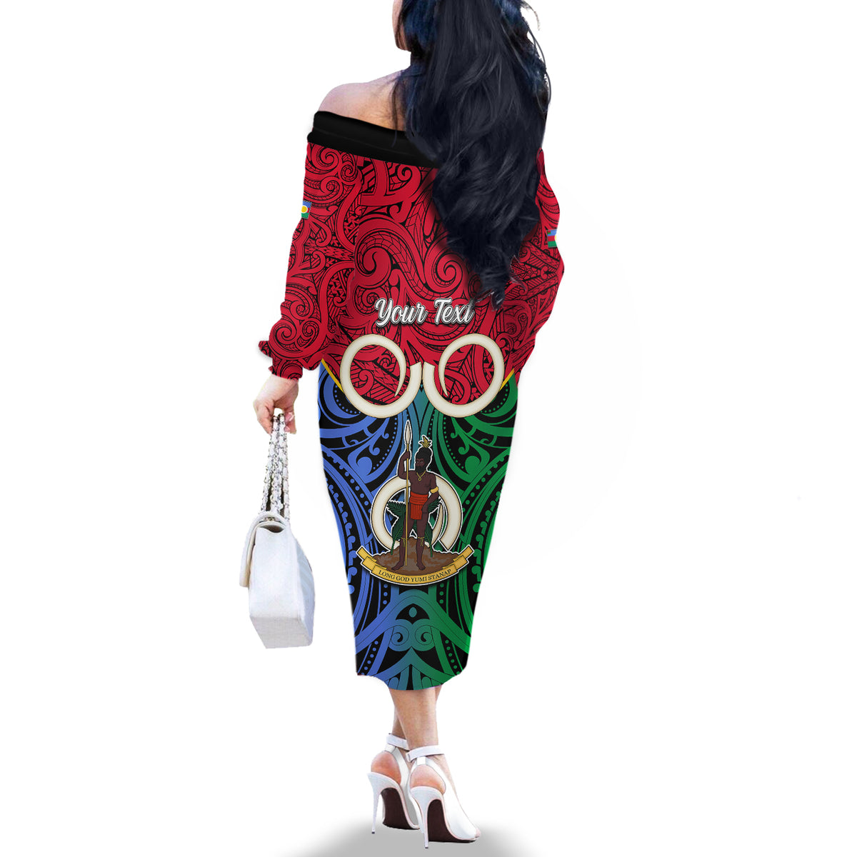 Personalised Vanuatu Shefa Province Off The Shoulder Long Sleeve Dress Pig Tusk Mix Maori Pattern and Namele Leaf LT03 - Polynesian Pride