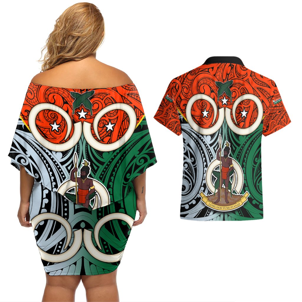 Vanuatu Penama Province Couples Matching Off Shoulder Short Dress and Hawaiian Shirt Pig Tusk Mix Maori Pattern and Namele Leaf LT03 - Polynesian Pride