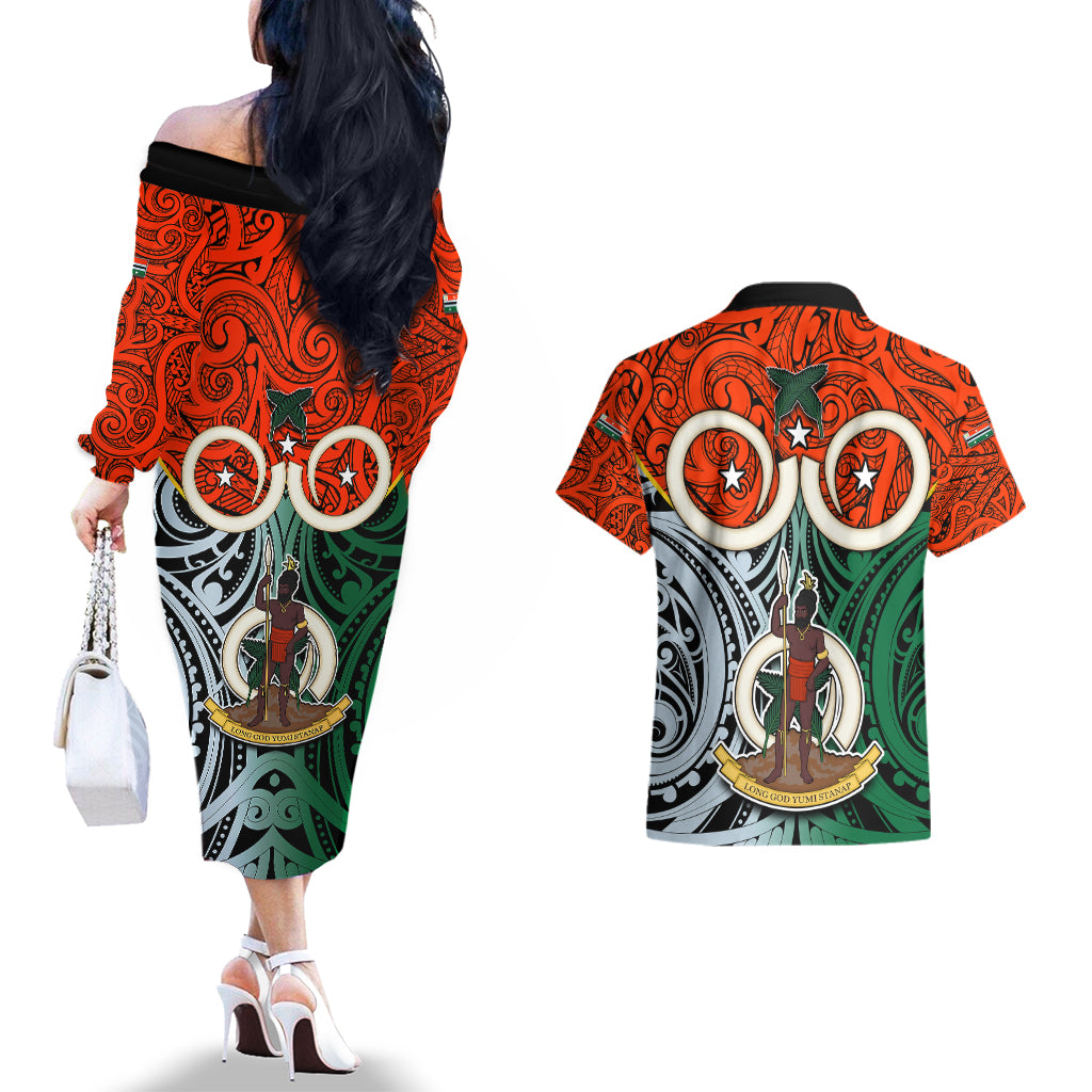Vanuatu Penama Province Couples Matching Off The Shoulder Long Sleeve Dress and Hawaiian Shirt Pig Tusk Mix Maori Pattern and Namele Leaf LT03 - Polynesian Pride